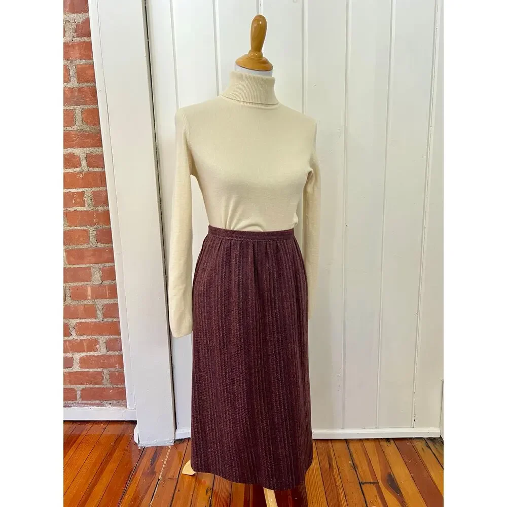 Vintage 90s Abbey Park Wool Midi Skirt Burgundy High Waist Made in USA 10